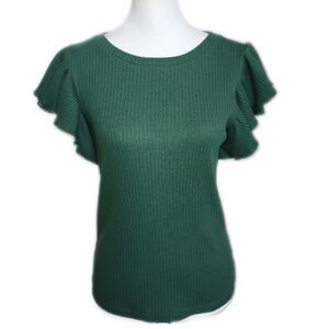 LOFT Forest Green Ribbed Blouse, Flutter Sleeves, M